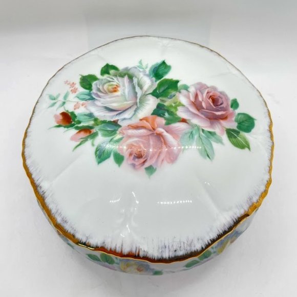 Limoges Jammet Seignolles France Roses Lidded Trinket Powder Box Porcelain 5.5" - Picture 1 of 15